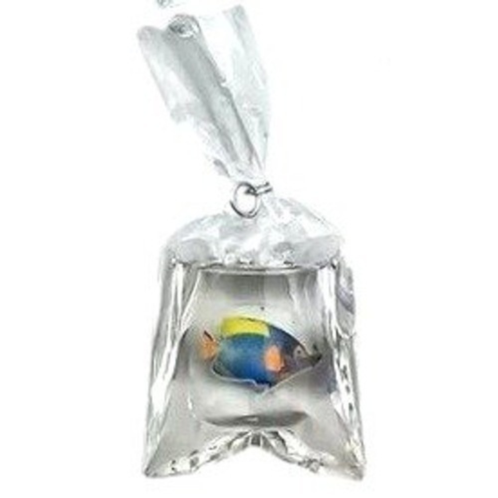 Boutique‎ Fish in a Bag Necklace 18" Black Blue Yellow Resin Novelty Pendant